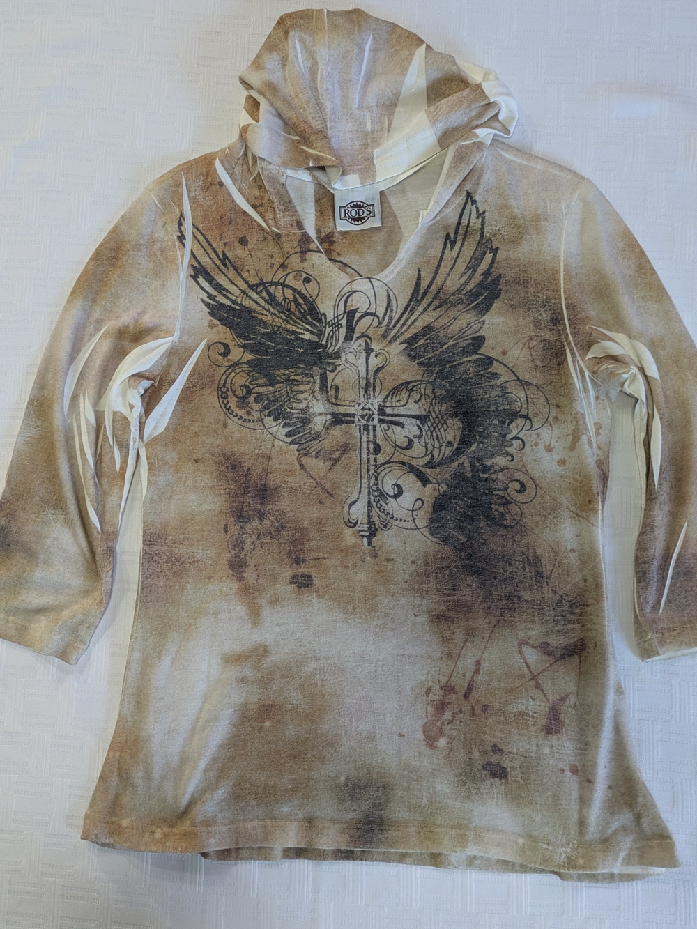 Rod's Western Palace Lightweight Hooded Top Graphic Winged Cross Y2K Grunge
